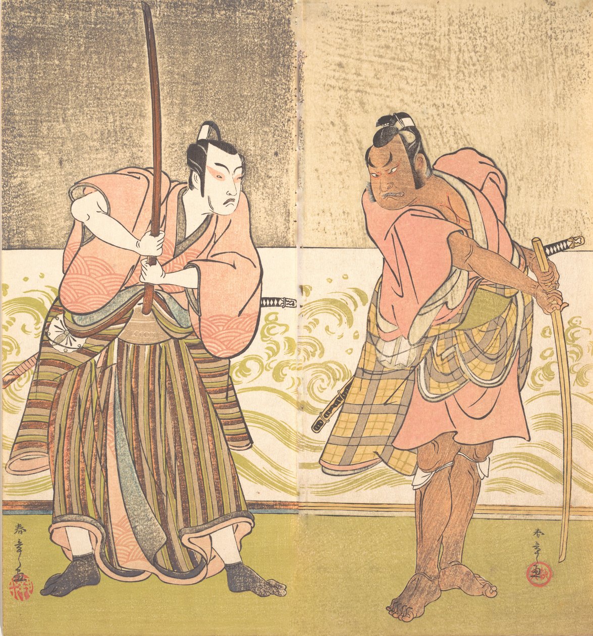 俳優の二代目坂田半五郎と俳優の四代目松本幸四郎、18世紀後半。 作： 春章