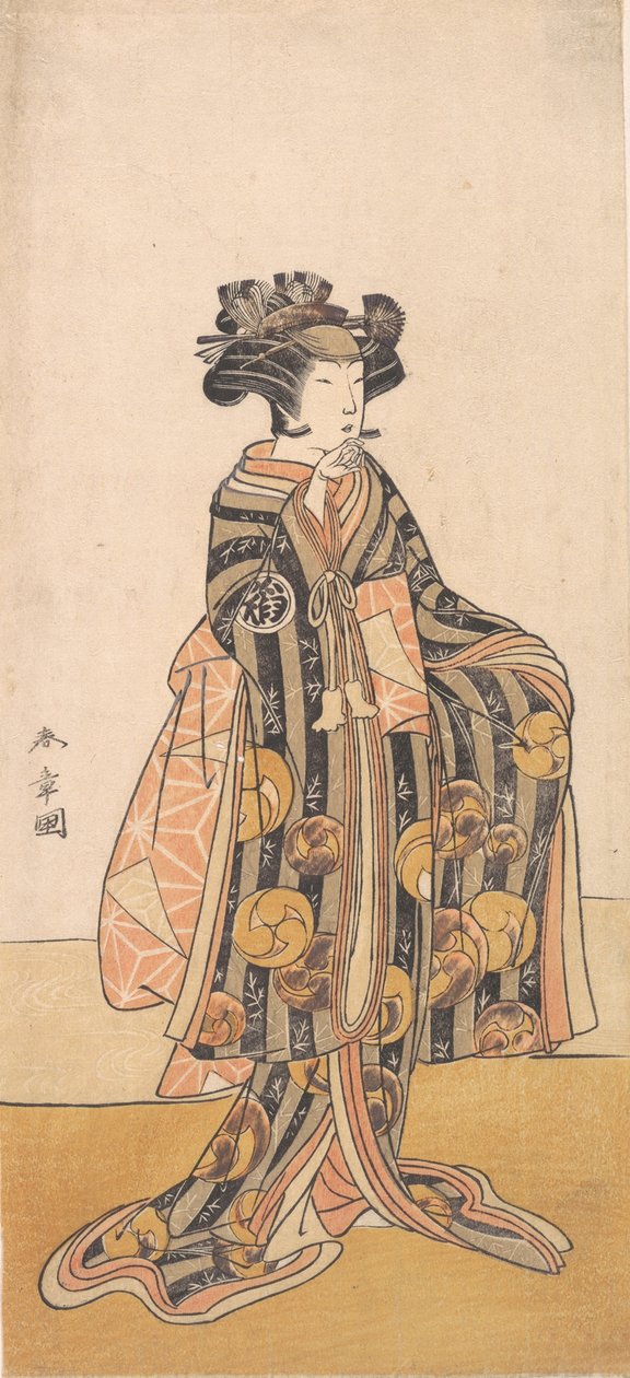 土手に立つ女巴御前としての吉沢いろは、1774年または1775年。 作： 春章