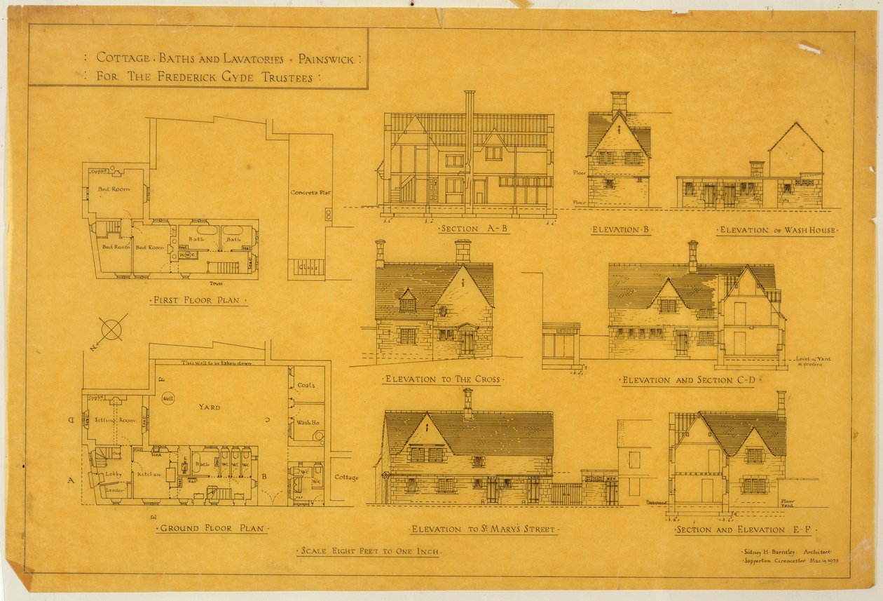 コテージ、バス、洗面所-ペインズウィック、1923年3月14日、フレデリックガイド評議員用（紙にインク） 作： シドニー・バーンズリー