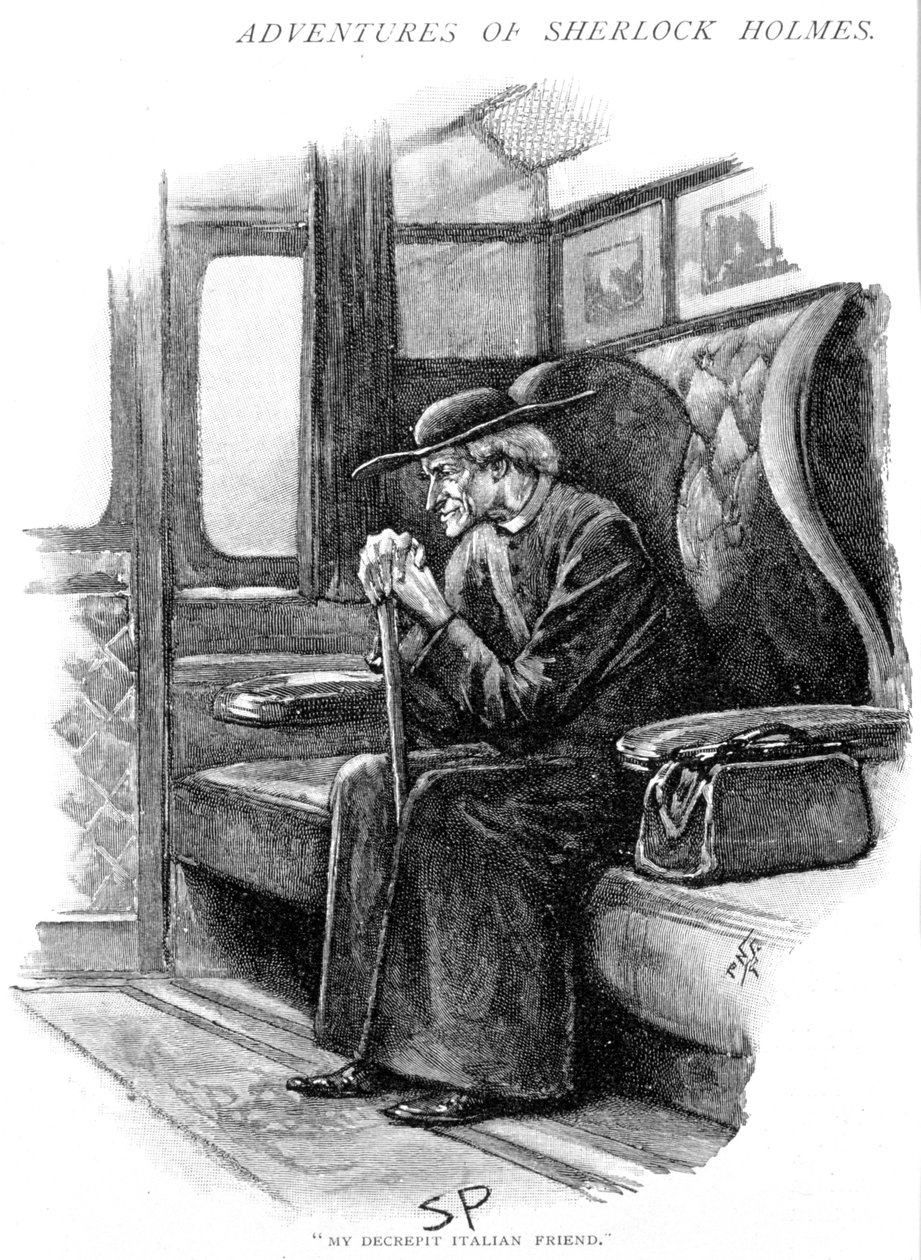 Arthur Conan Doyle Das Abenteuer des letzten Problems Strand Magazine, London, 1893. Illustriert von Sidney E. Paget (1860-1908), erster Künstler, der Holmes zeichnete. Holmes, als alter italienischer Priester, wartet darauf, dass der Bootszug den Victoria von Sidney Paget