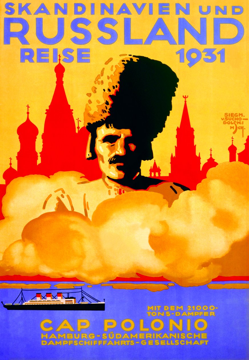 「スカンジナビアとロシアクルーズ」、ハンブルクサザンラインの広告、1931年 作： ジークムント・フォン・スチョドルスキ
