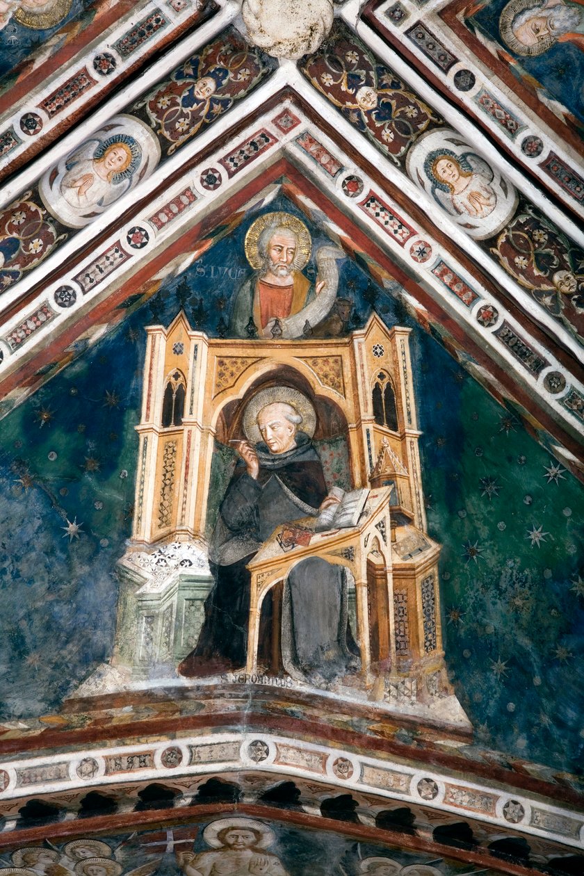 ローマ教会の4人の医師、聖ヒエロニムスと伝道者聖ルカを表す、上部教会の金庫室の1つを飾るフレスコ画の詳細のビュー。 14世紀の初めからシエナの学校によって作られました。の修道院 作： シエネ語学校