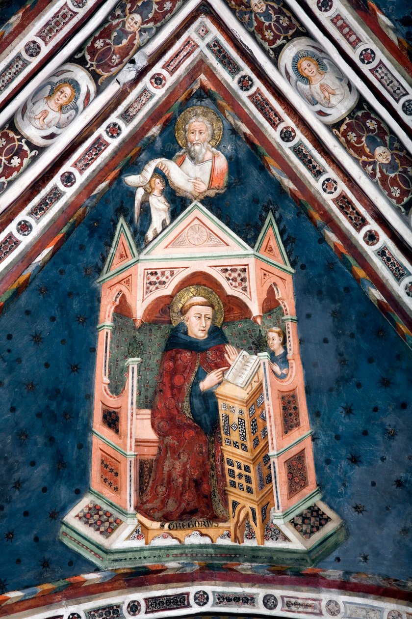 ローマ教会の4人の医師を表す上部教会の金庫室の1つを飾るフレスコ画の詳細のビュー：聖グレゴワール1世と伝道者聖マチュー 作： シエネ語学校