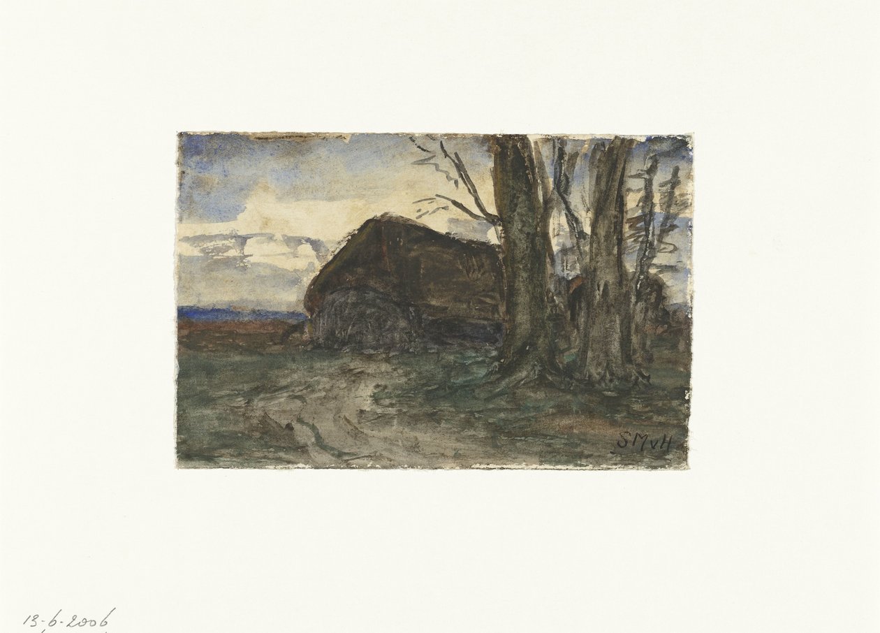 夕方の空の木の近くの羊小屋 作： Sientje Mesdag van Houten