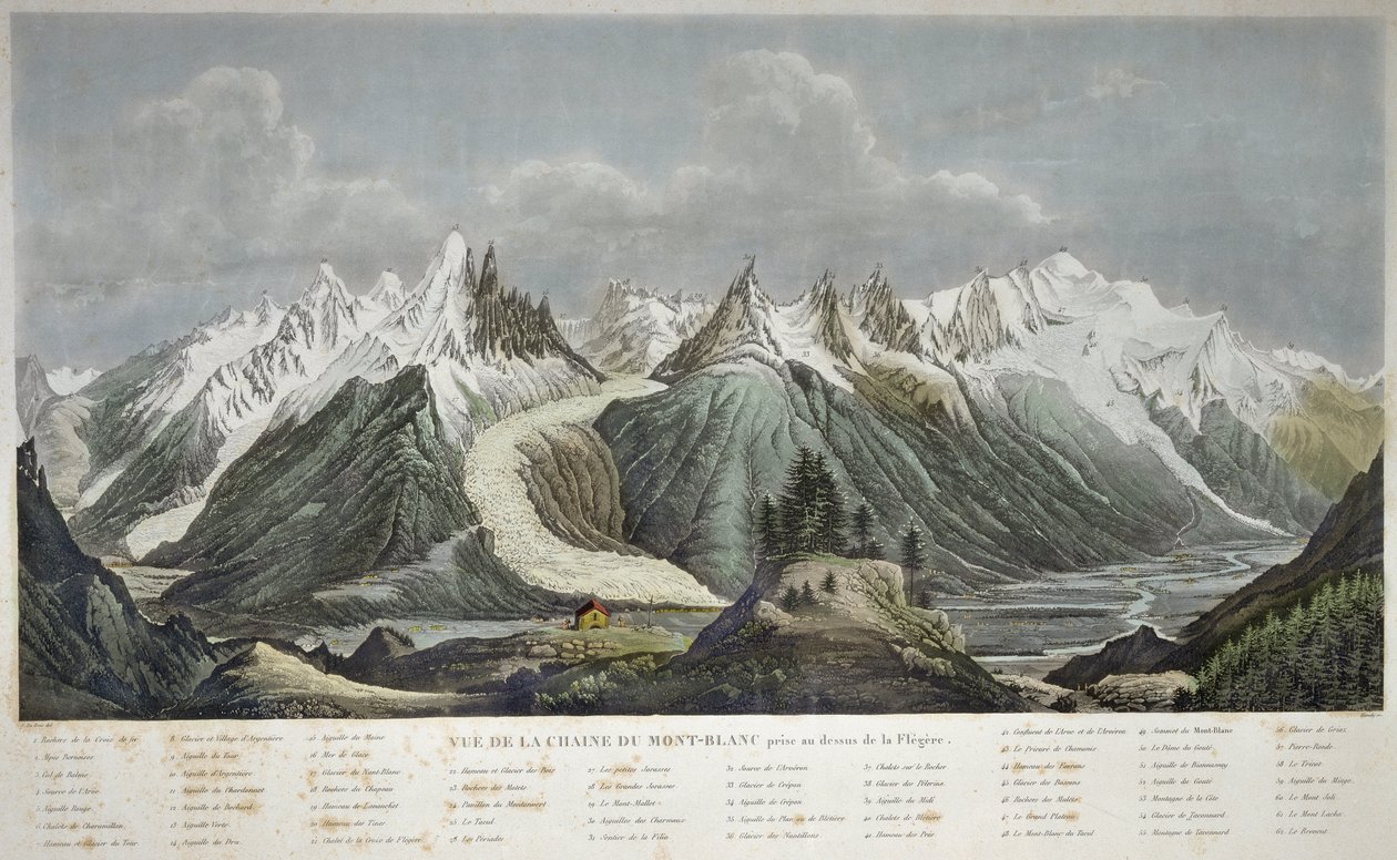 モンブラン山群の眺め (Mont Blanc) - SIGISMOND HIMELY 1801-1872 によって FLEGERE の上に撮影された CHAINE DU MONT BLANC の眺め - 作： Sigismond Himely