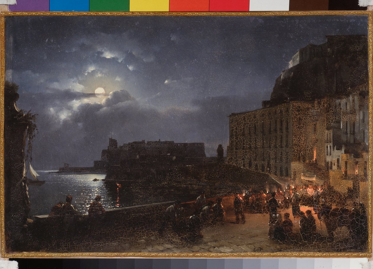 満月の夜、ナポリ (イタリア) のサンタ ルチア埠頭。 Sylvester Feodosiyevich Shchedrin（Sylvester Shchedrin）（1791-1830）による絵画、キャンバスに油彩 作： シルベストル・フェドシエビッチ・シュチェドリン