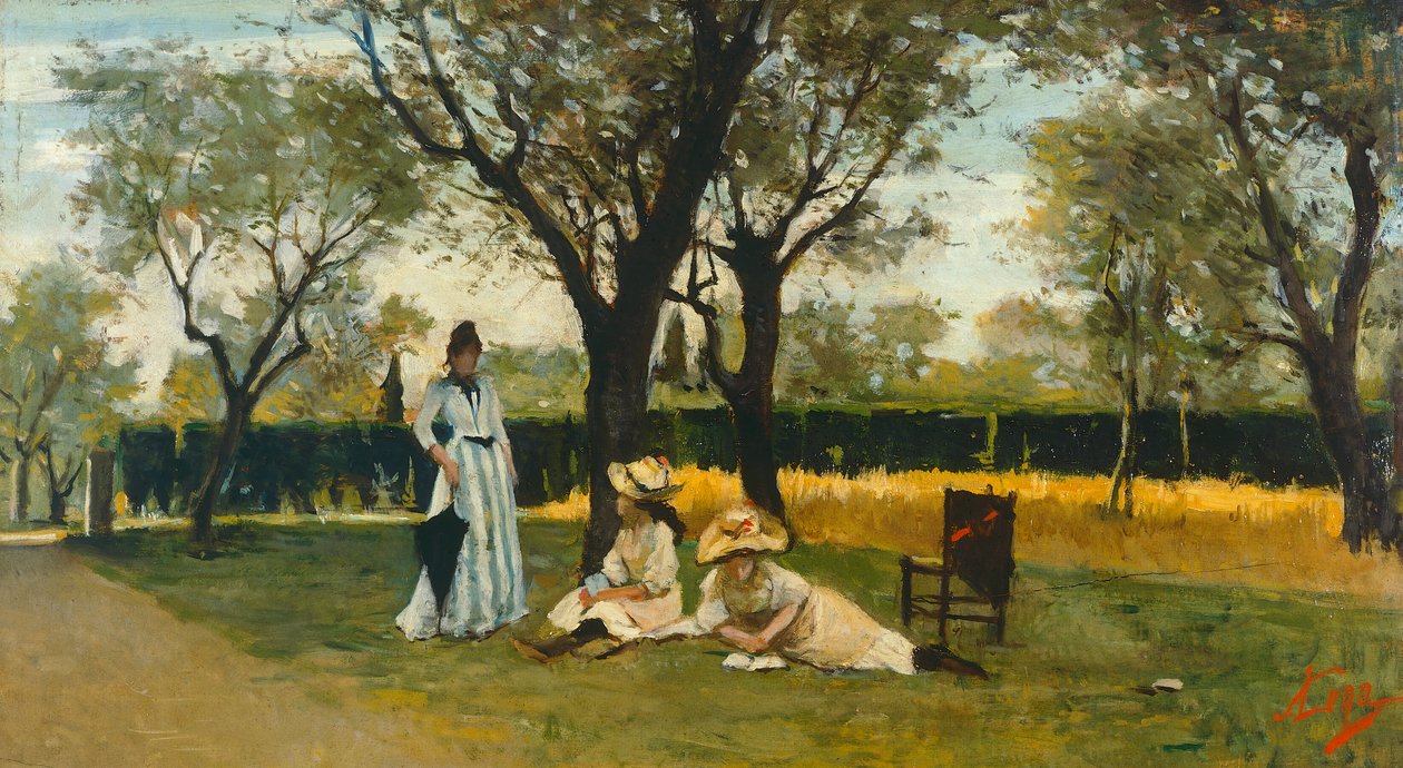 ポッジョ・ピアノの別荘にて」シルベストロ・レガ（1826-1895）作、パネルに油彩、34x60.5cm 作： シルベストロ・レガ