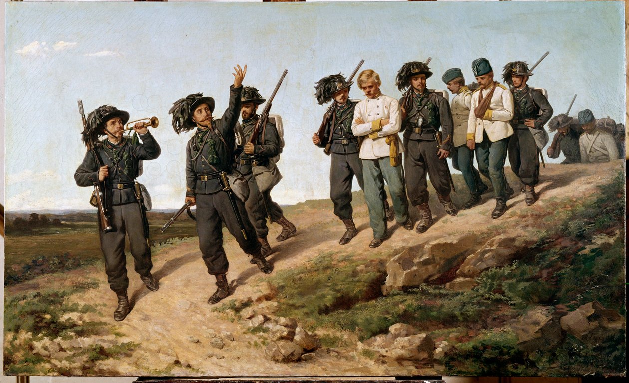 1859年のイタリア攻略戦のエピソード。"ベルサグリエ（bersaglieri）に囲まれたオーストリア軍の捕虜" シルベストロ・レガ（1826-1895）の絵画 1861年 Sun.57,5 x 95 cm フィレンツェ、近代美術館ガレリア 作： シルベストロ・レガ