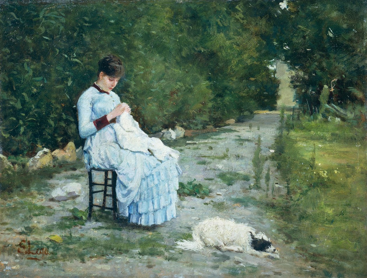 シルベストロ・レガ（1826-1895）作「庭にて」、パネルに油彩、29x38cm 作： シルベストロ・レガ