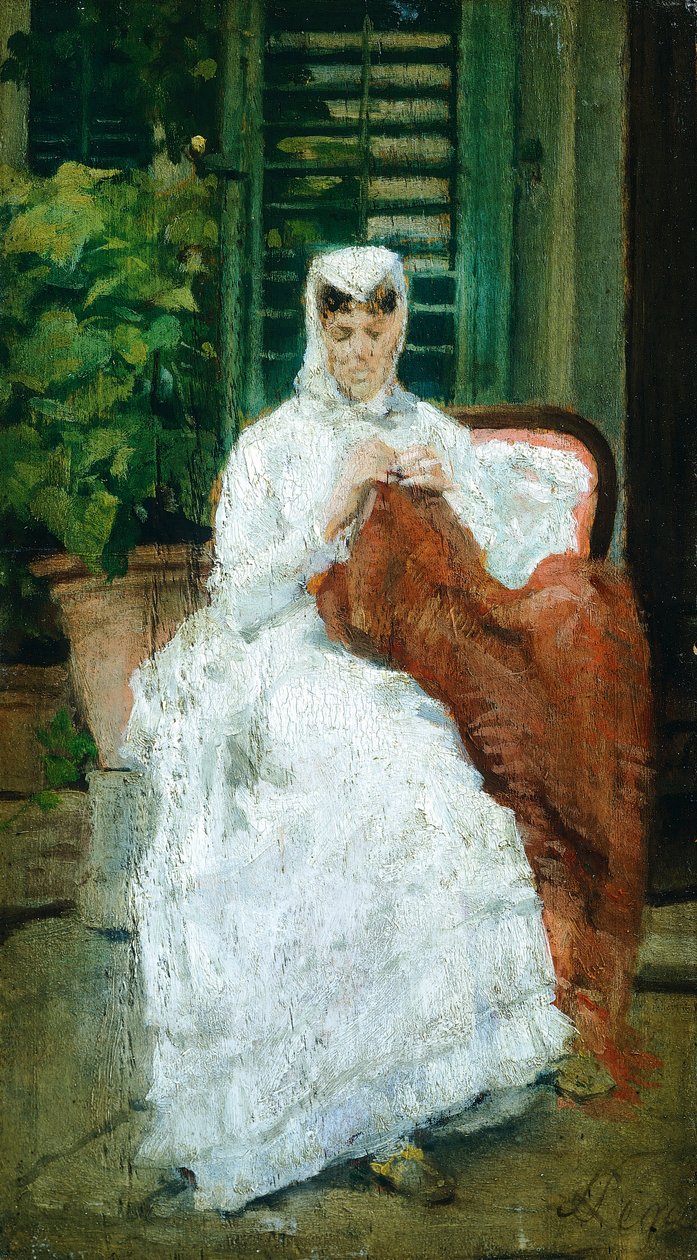 裁縫をする女性、シルベストロ・レガ（1826-1895）作、パネルに油彩、27.5x15.5cm 作： シルベストロ・レガ
