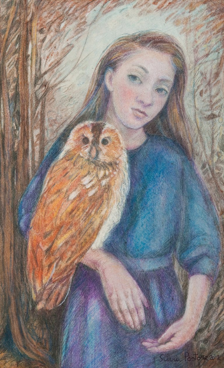 フクロウの女の子、2012（紙にパステル＆パステル） 作： シルビアパストーレ