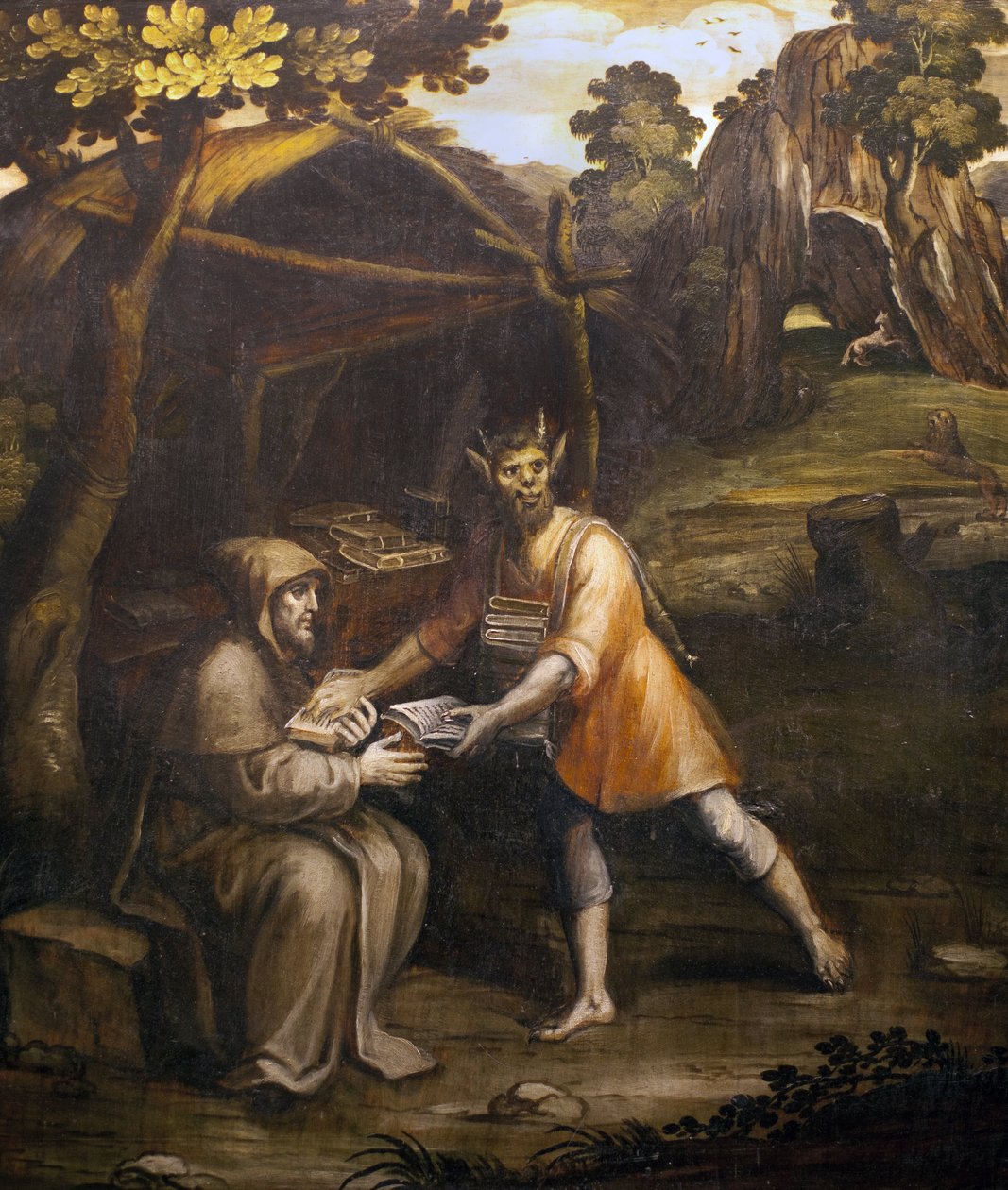 悪魔は聖典を取り、それを世俗の本に置き換えます。 Simao Rodrigues (1560-1629) の絵画。 (悪魔は聖典を取り、それを世俗の本に置き換えます;シマオ・ロドリゲスによる絵画 作： シモンロドリゲス