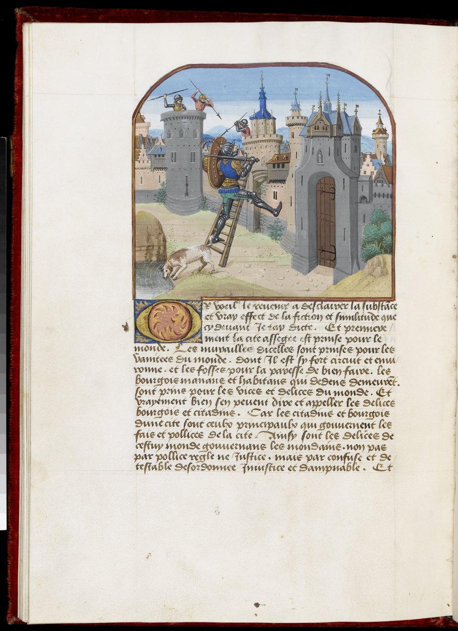 Ms.165 f.51v：ヘディンまたはバレンシエンヌのスケーリングのはしごを登る盾と剣を持った兵士、1465-68年（羊皮紙） 作： サイモン・マーミオン