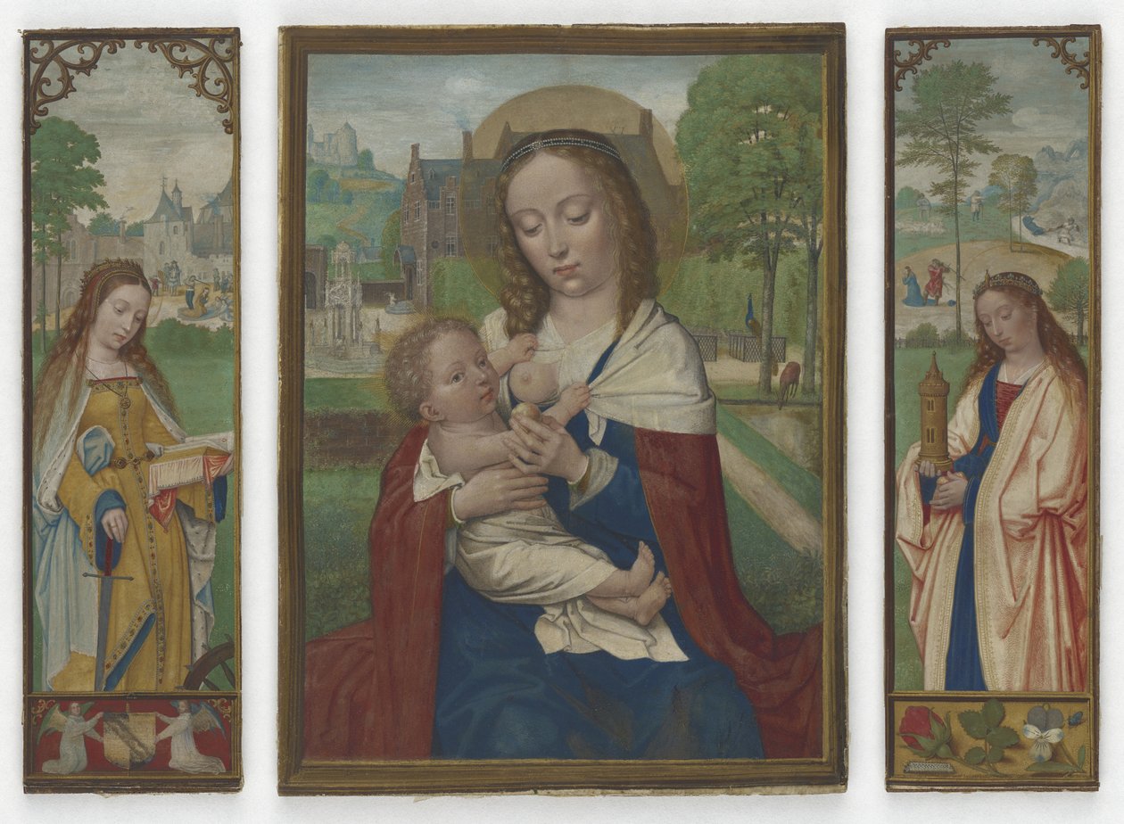 聖母子;聖者キャサリンとバーバラ、c.1520（ヴェラムのテンペラ） 作： サイモン・ベニング