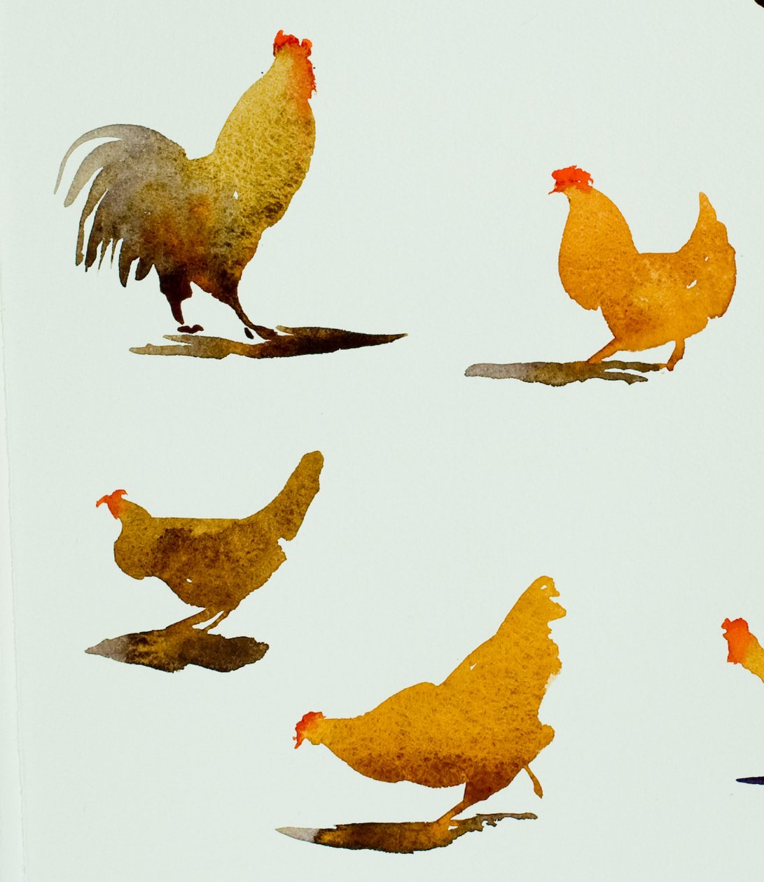コックと3羽の鶏、2013年（水彩画） 作： サイモン・フレッチャー