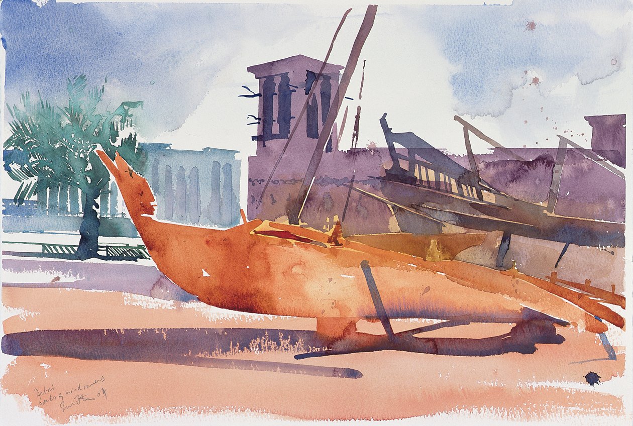 ドバイ、ボートとウインドタワー, 2004 （紙に水彩画） 作： サイモン・フレッチャー