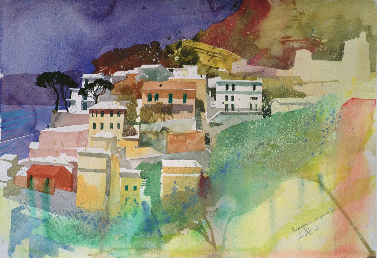 イタリア、リオマッジョーレ・チンクエテッレ、2002年（水彩画） 作： サイモン・フレッチャー