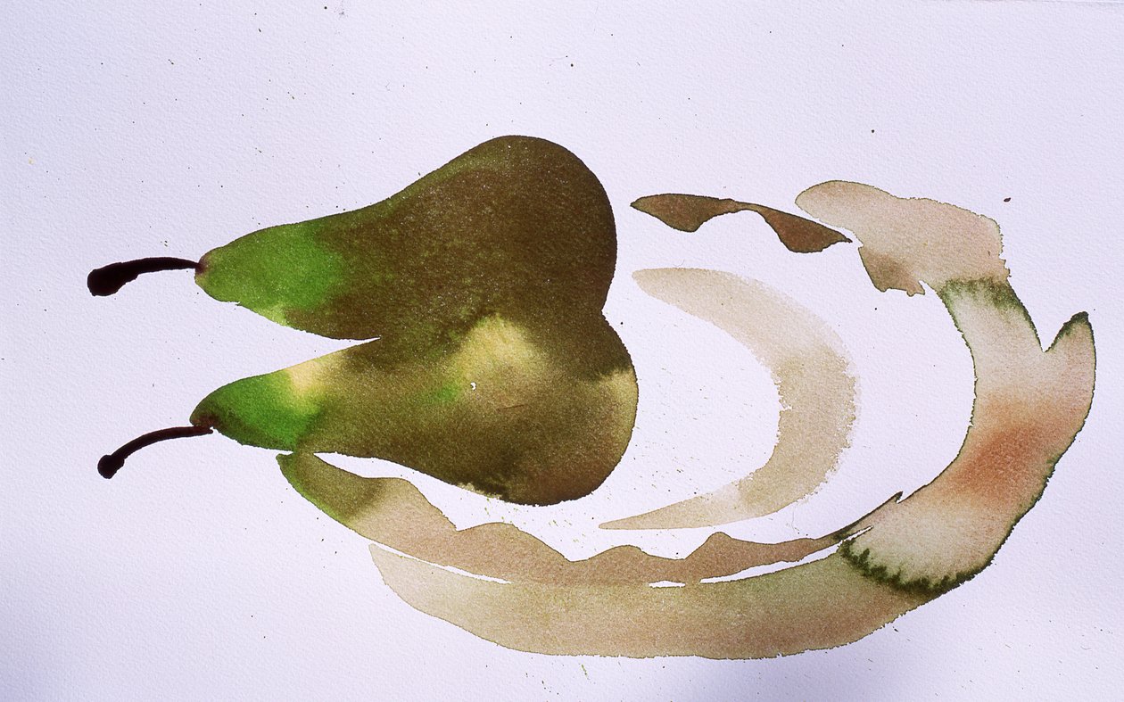 皿の上の2つの梨、2010年（水彩画） 作： サイモン・フレッチャー