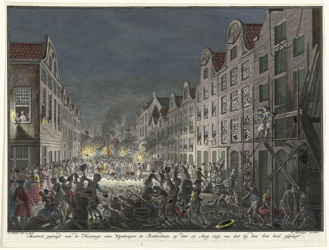 1751年、ロッテルダムのワインバイヤーGerrit Hagedoorenの家の略奪 8 月 17 日にロッテルダムで開催されたウィンクーパーのホイジンゲに故意に参加しました。 1751年、彼が誓いを立てた後（オブジェクトのタイトル） 作： シモン・フォッケ