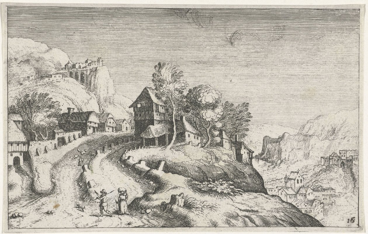山の風景の中の村 さまざまな風景（連載タイトル） Topographia variarum regionum (シリーズタイトル) 作： シモン・フリシウス（帰属）