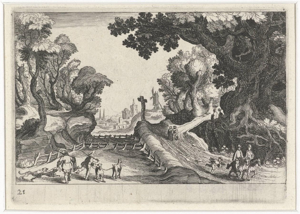 パスに沿って十字架のある森の風景 南欧の風景（連載タイトル） Topographia variarum regionum (シリーズタイトル) 作： シモン・フリシウス