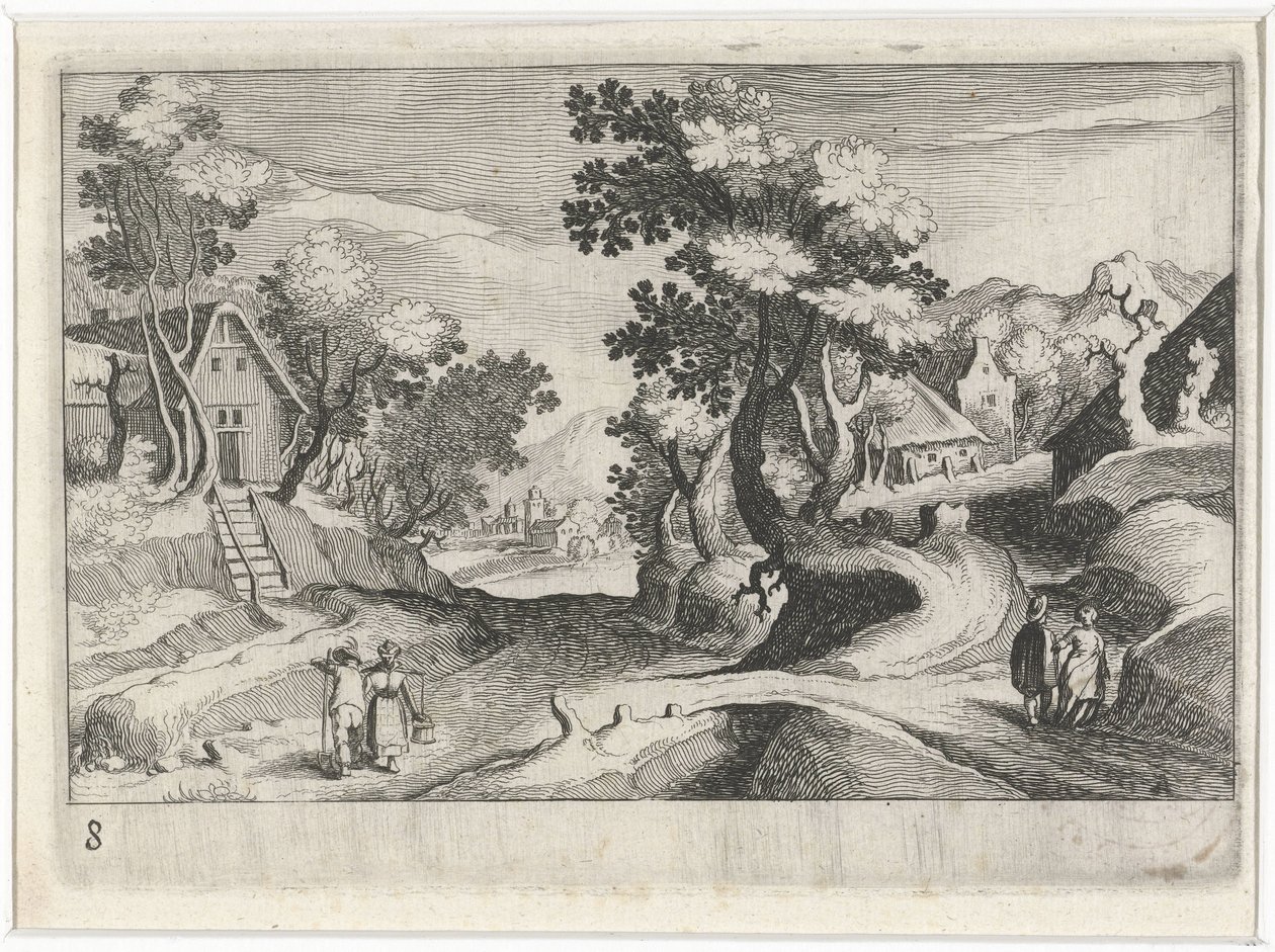建物や人物がいる樹木が茂った丘陵の風景 南欧の風景（連載タイトル） Topographia variarum regionum (シリーズタイトル) 作： シモン・フリシウス