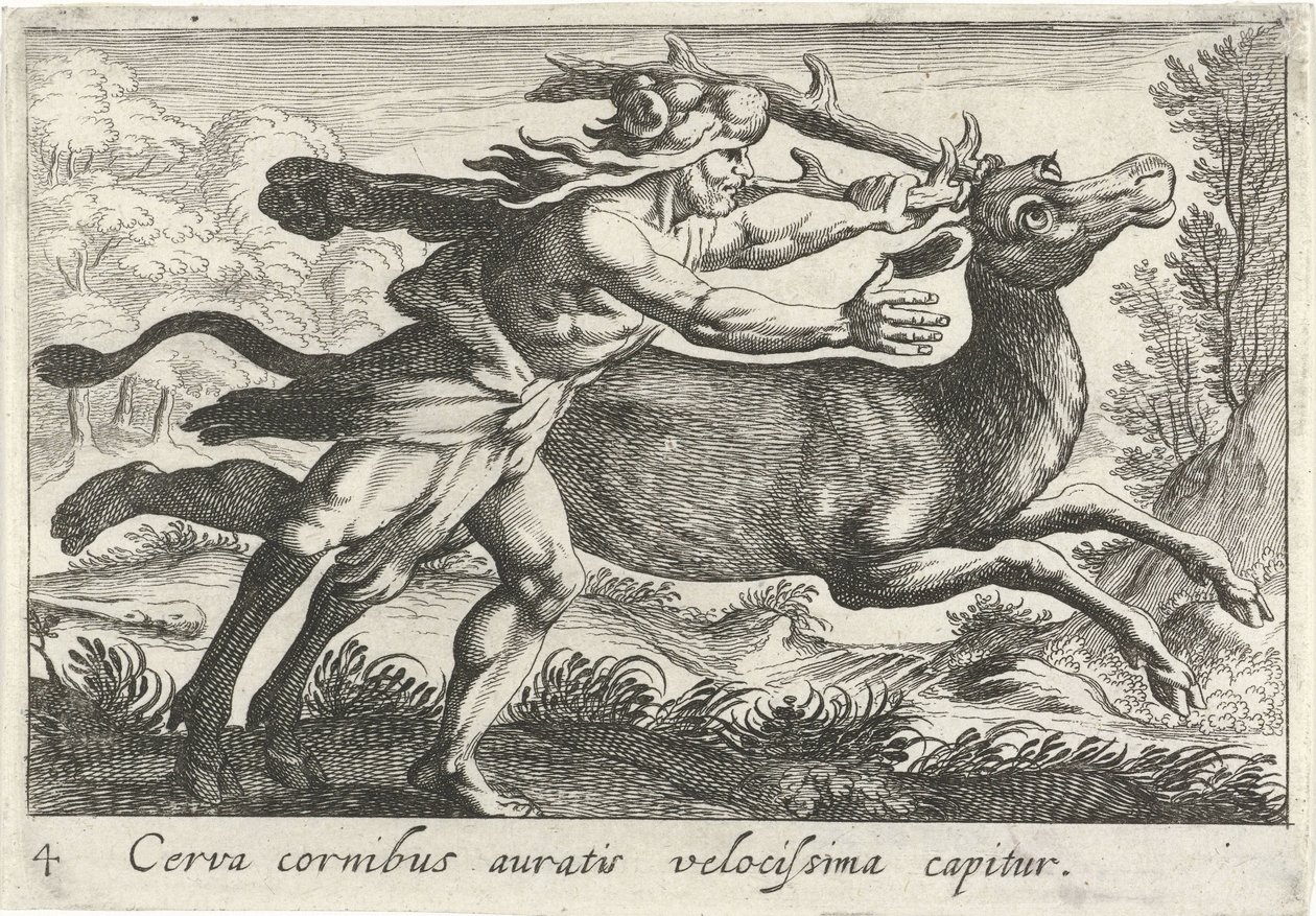 Hercules vangt de Hind van Cerynea 金色の角を持つシカは非常に速く捕まえられます (オブジェクトのタイトル) Herculische theme