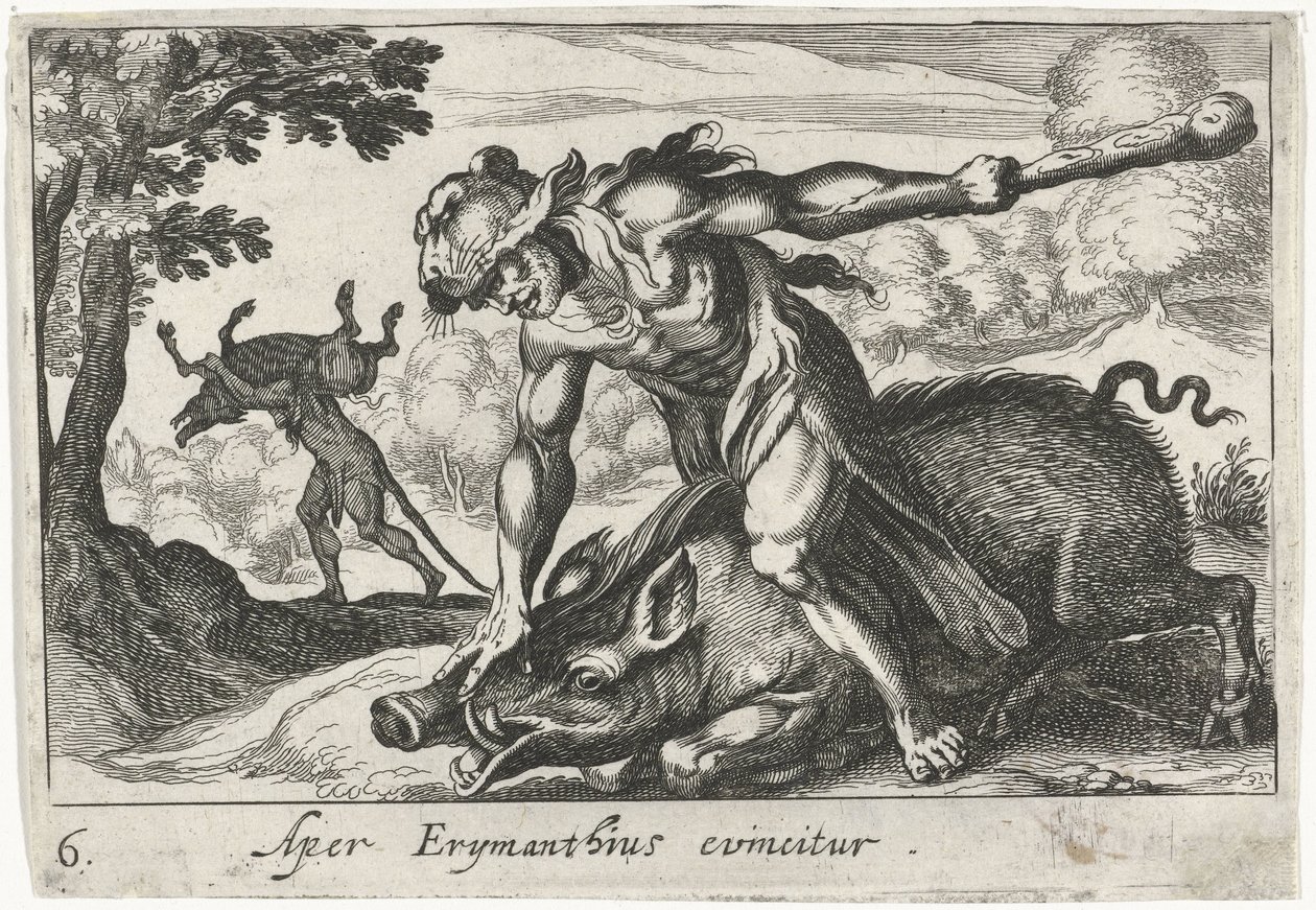 ヘラクレスはエリュマントスのイノシシを捕まえる Aper Erymanthius evincitur (オブジェクトのタイトル) Herculean Themes (シリーズタイトル) 作： シモン・フリシウス