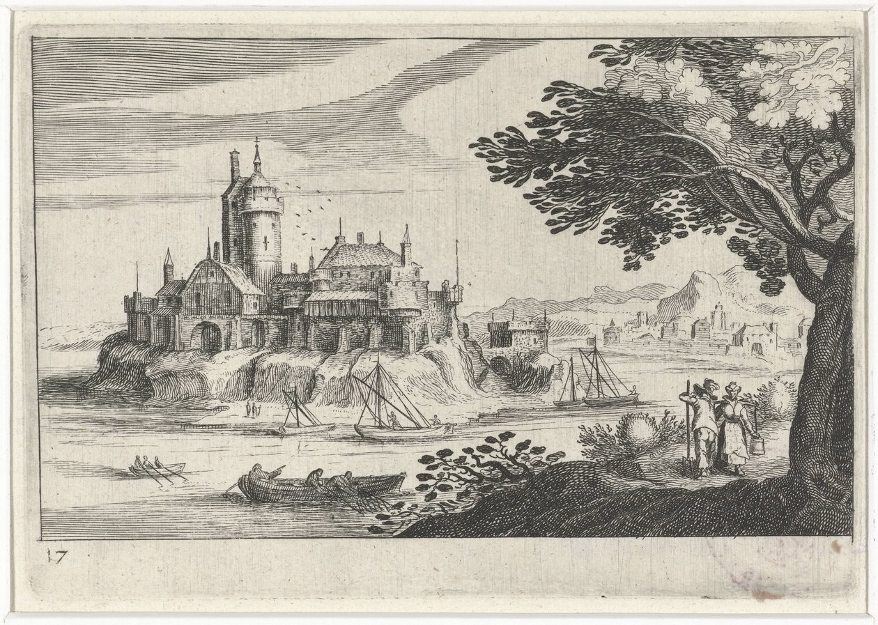 島の城のある丘陵の風景 南欧の風景（連載タイトル） Topographia variarum regionum (シリーズタイトル) 作： シモン・フリシウス