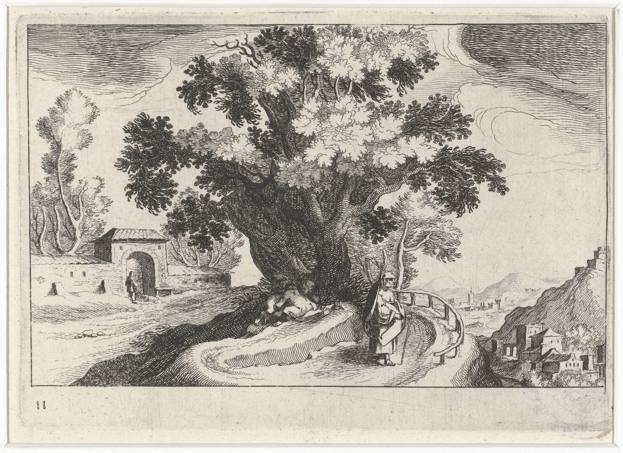 木の下でセックスをする人物がいる丘陵の風景 南欧の風景（連載タイトル） Topographia variarum regionum (シリーズタイトル) 作： シモン・フリシウス