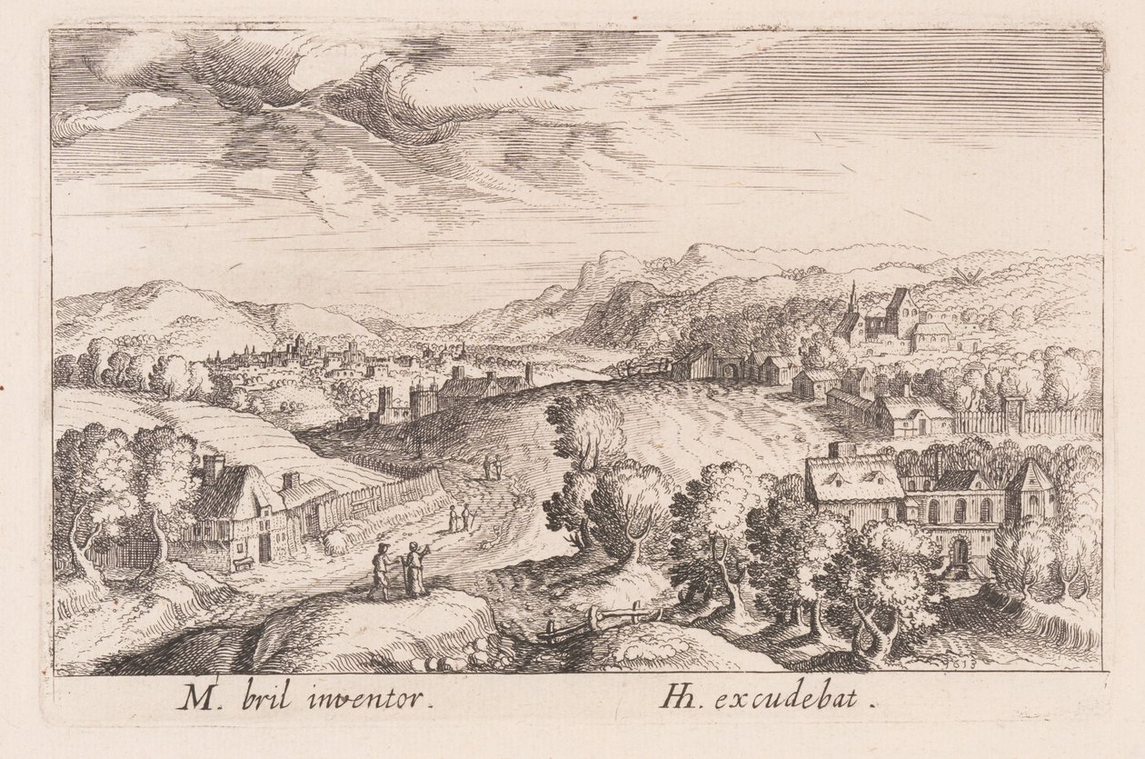 3組のカップルのいる丘陵風景（『Topographia Variarum Regionum』より 作： シモン・フリシウス