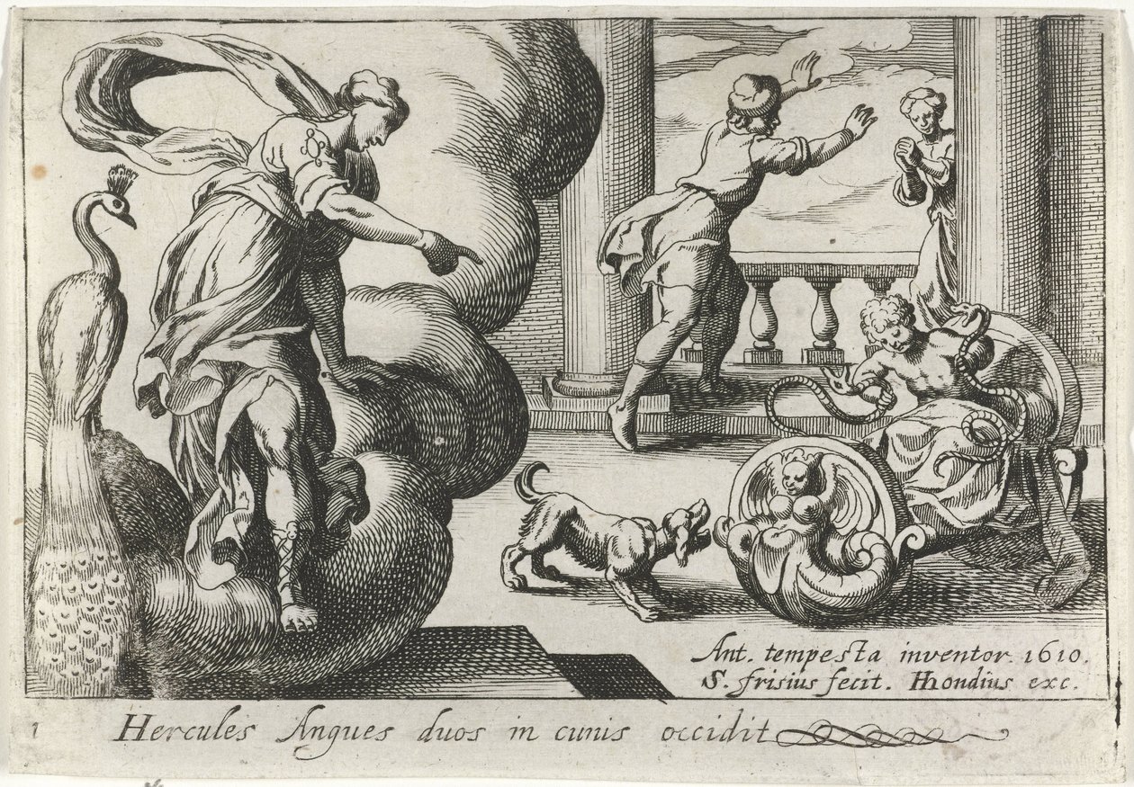 Jonge Hercules wurgt twee slangen Hercules Angues duos in cunis occidit (title on object) Herculische thema