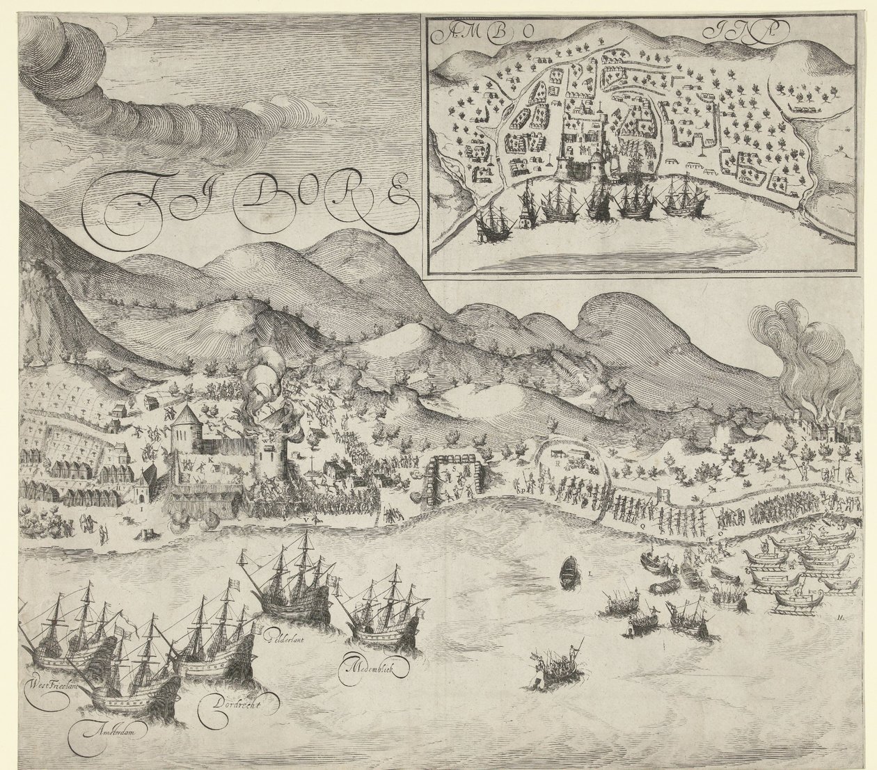 1605年、ティドールにおけるオランダ軍によるポルトガル軍への勝利（右側の版画） 作： シモン・フリシウス