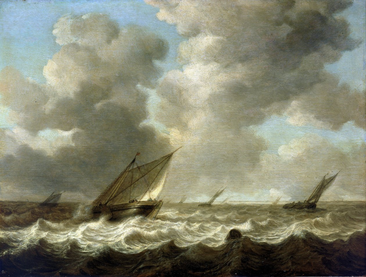荒海に浮かぶ漁船、スカイラインにはオランダの海岸が見える。木に油絵 作： サイモン・ヤコブス。フリーガー