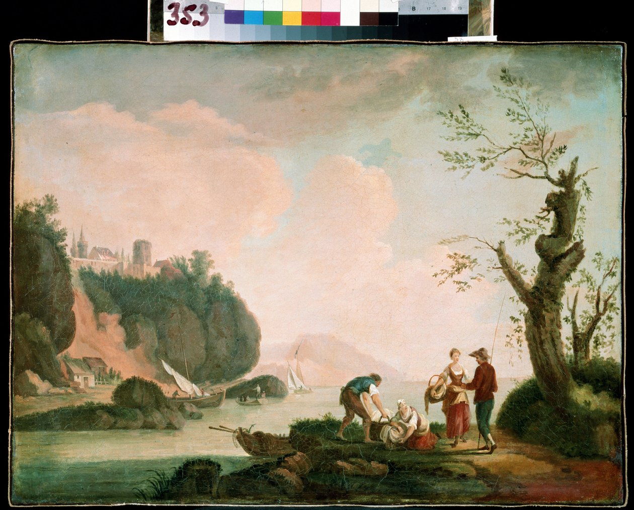 漁師。 Simon Mathurin Lantarat (1729-1778) の絵画。 キャンバスに油彩。 フランスの芸術、ロココ。 Mikhail Kroshitsky Art Museum、セヴァストポリ (セヴァストポリ) ウクライナ 作： サイモン・マチュリン・ランタラット