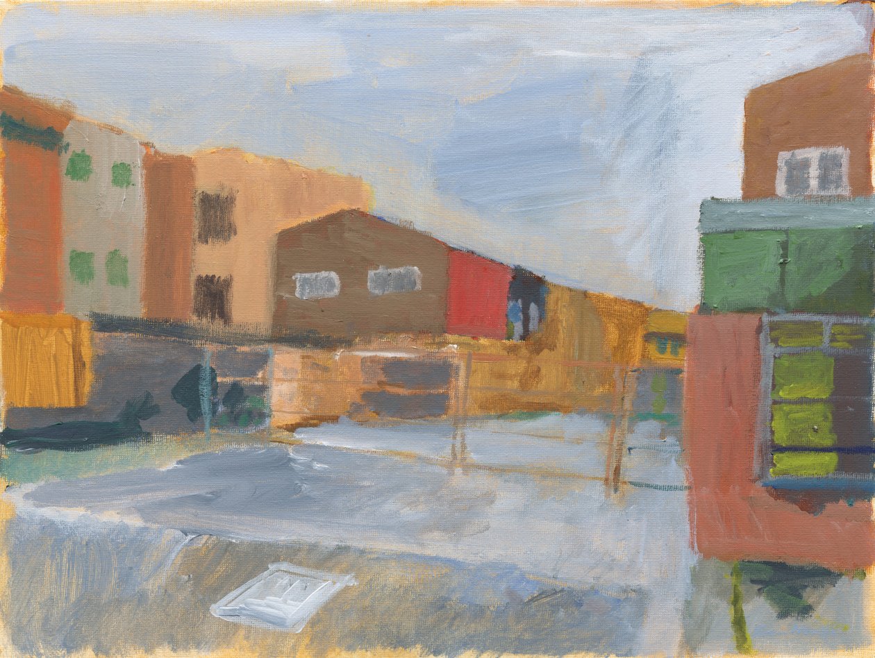 前庭と建物、2025年（アクリル、キャンバスボード） 作： サイモン・ネビル