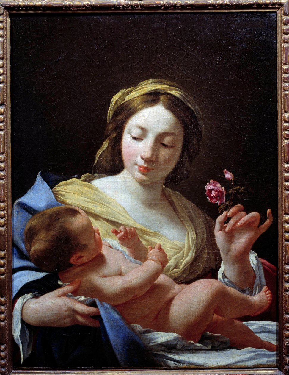 聖母子と薔薇の絵 シモン・ヴーエ（1590-1649）作 1627年 日の丸0.8x0.62 m マルセイユ、ボザール美術館（Musee des Beaux Arts 作： サイモン・ヴエ