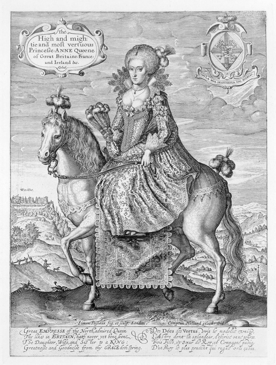 アーティスト、パブによって刻まれたデンマークのアンの乗馬の肖像（1574-1619）。コンプトンホランド、1616 作： サイモン・ド・パス