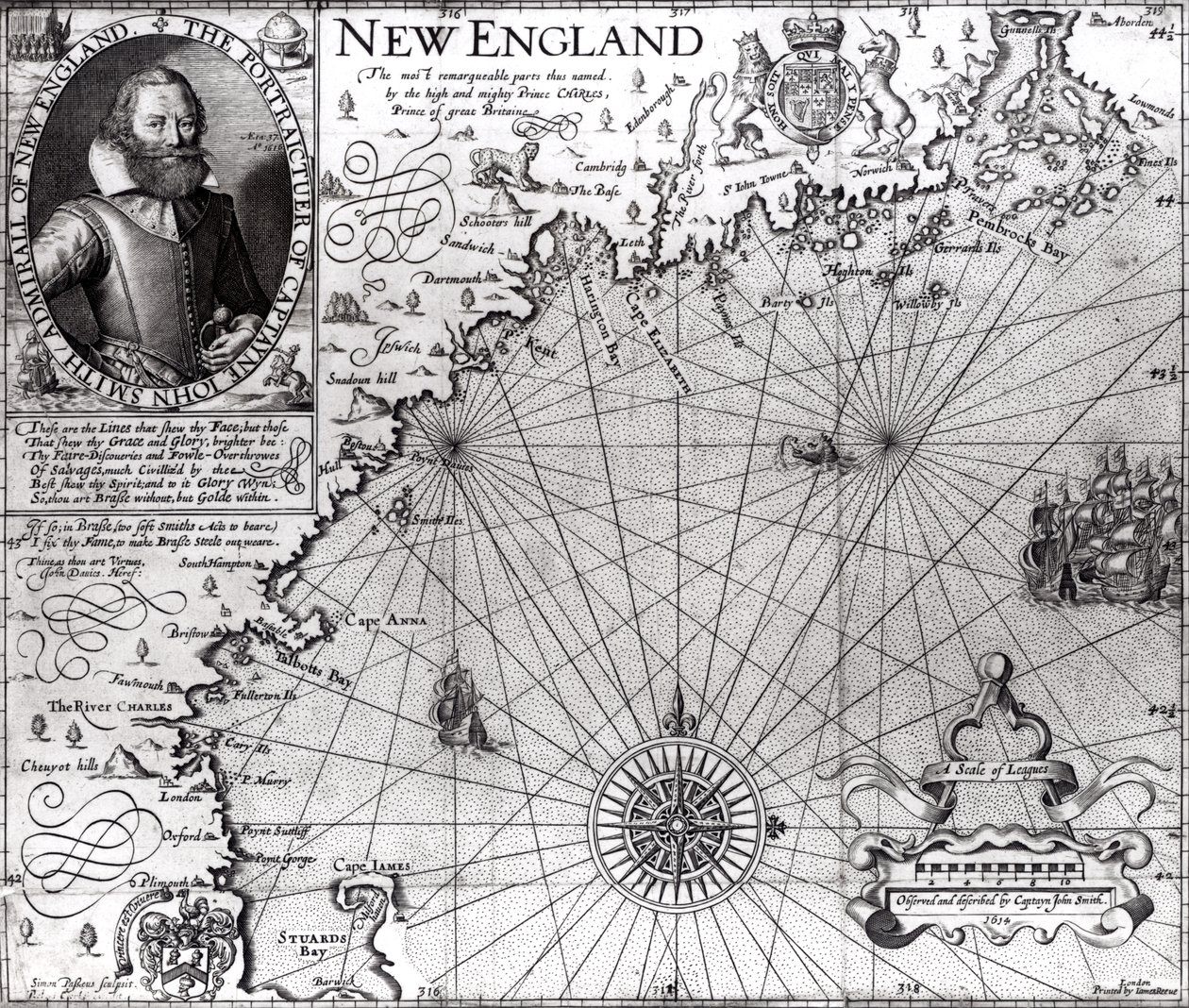 ジョン・スミス大尉（1580-1631）1614によって観察および記述されたニューイングランド海岸の地図、「将軍史」1624年 作： サイモン・ド・パス