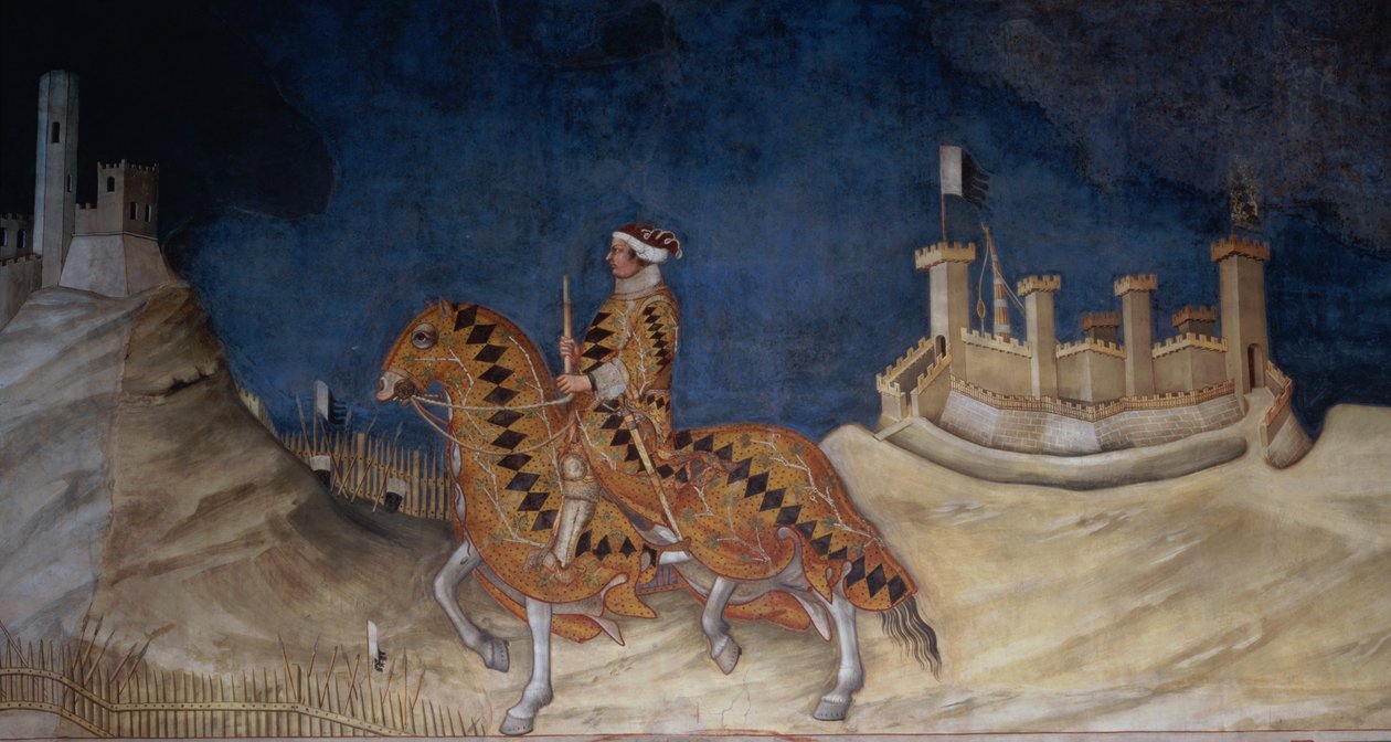 1328年にサッラデルマッパモンドから提供されたモンテマッシ包囲戦でのギドリッチョダフォリアーノ記念碑、詳細 作： シモーネ・マルティーニ