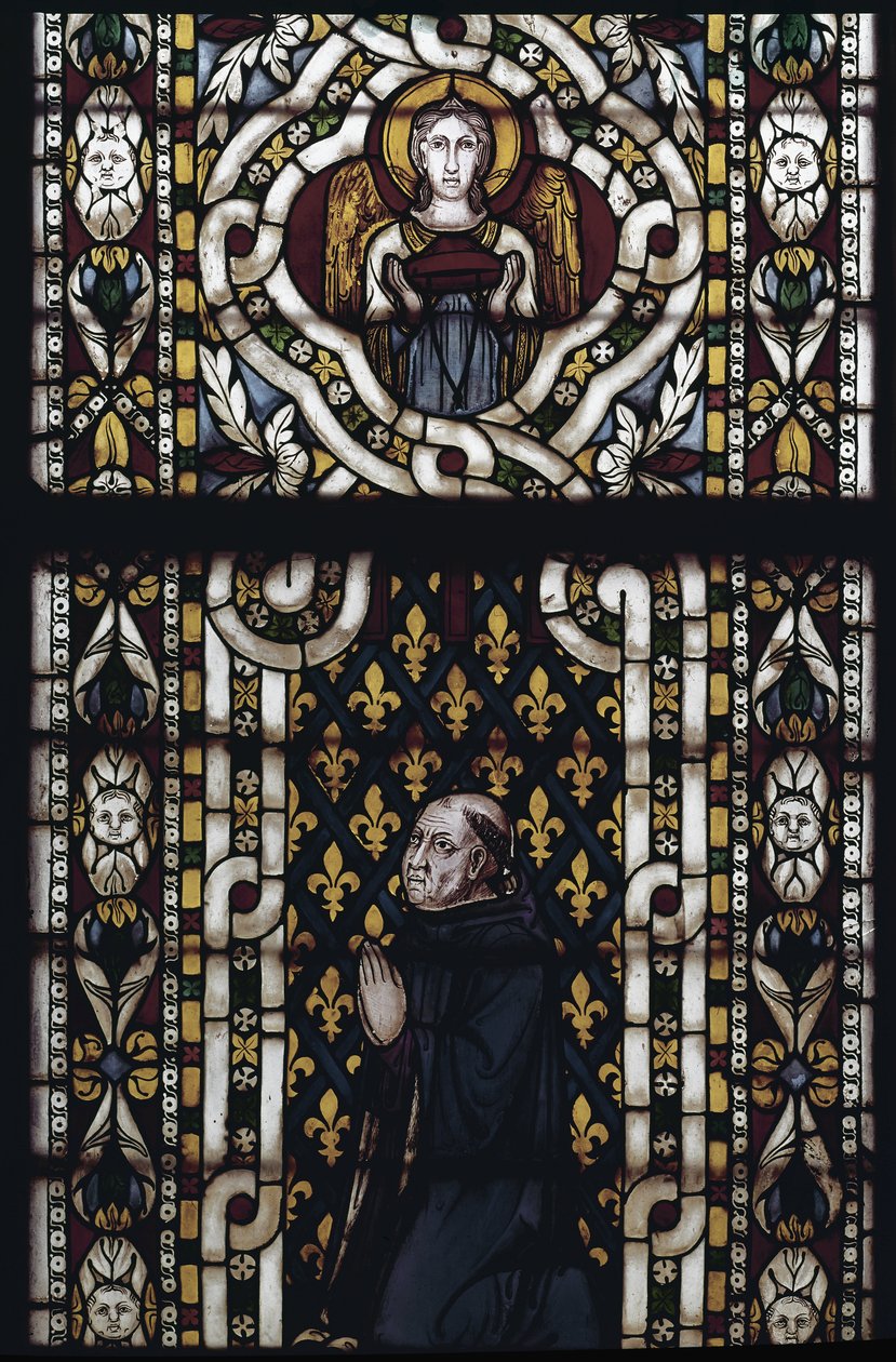 モンテフィオーレのジェンティル枢機卿（Gentile Partino da Montefiore, Gentilis of Monteflorum, ca. 1240-1312）が跪く - シモーネ・マルティーニ（ca. 1284-1344）によるステンドグラス、cm.570x400.アッシジの聖フランチェスコ聖堂、下部教会、聖ルイの礼拝堂、アッシジ 作： シモーネ・マルティーニ