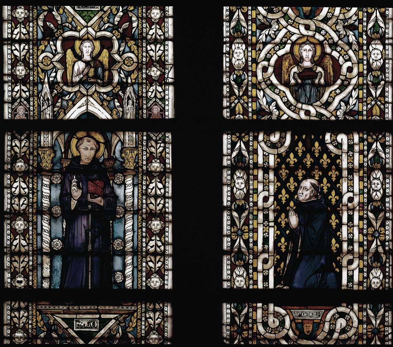 パドヴァの聖アンソニー（1195-1231）とモンテフィオーレ枢機卿（Gentile Partino da Montefiore, Gentilis of Monteflorum, ca. 1240-1312）の跪き（パドヴァの聖アンソニーとGentile da Montefiore） - シモーネ・マルティーニ（ca. 1284-1344）によるステンドグラス、cm.57 作： シモーネ・マルティーニ