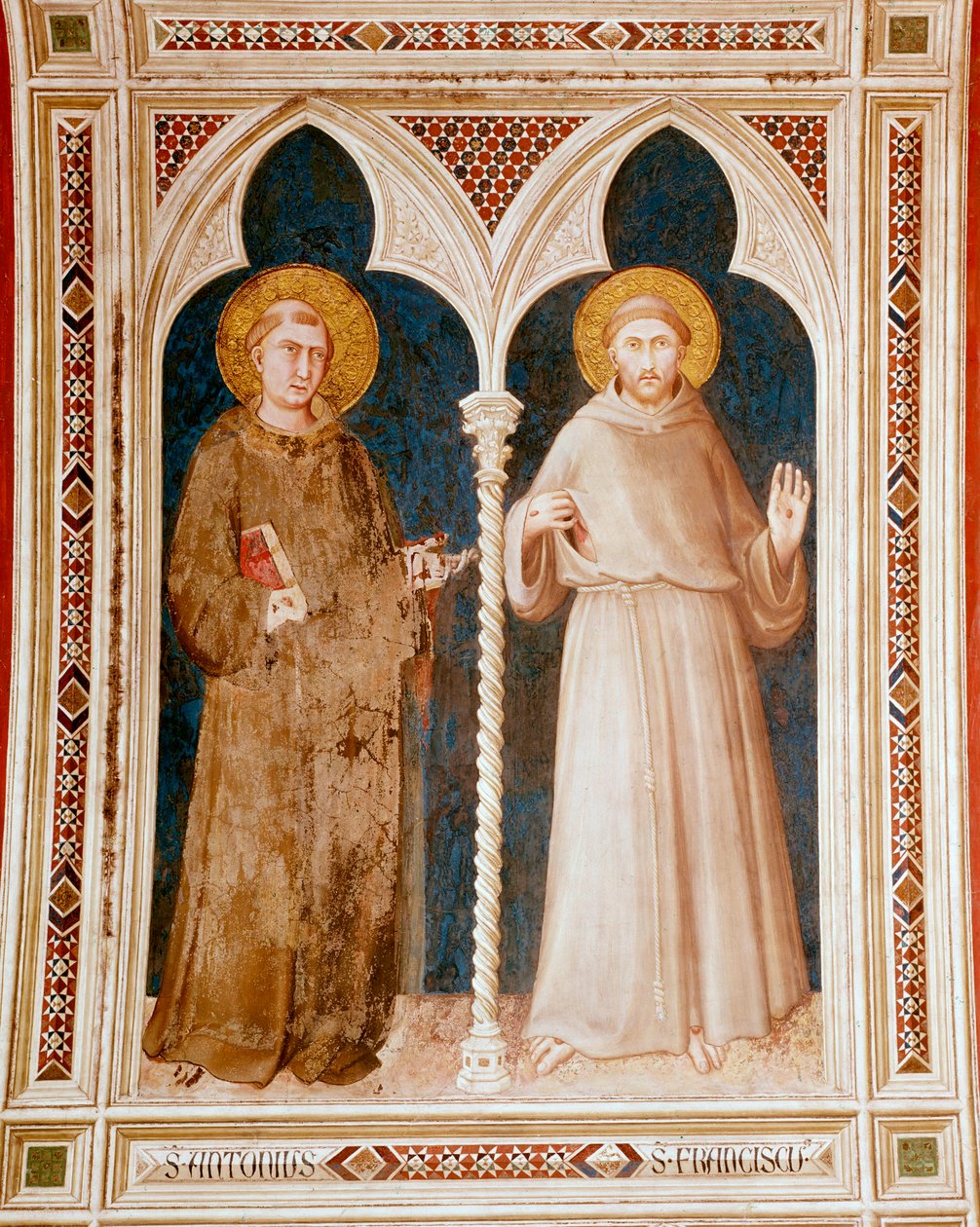 パドヴァの聖アンソニーとアッシジの聖フランチェスコ シモーネ・マルティーニ（1284～1344年頃）のフレスコ画 薄さ215x185cm アッシジ、サン・フランチェスコ聖堂、下部教会 イタリア 作： シモーネ・マルティーニ
