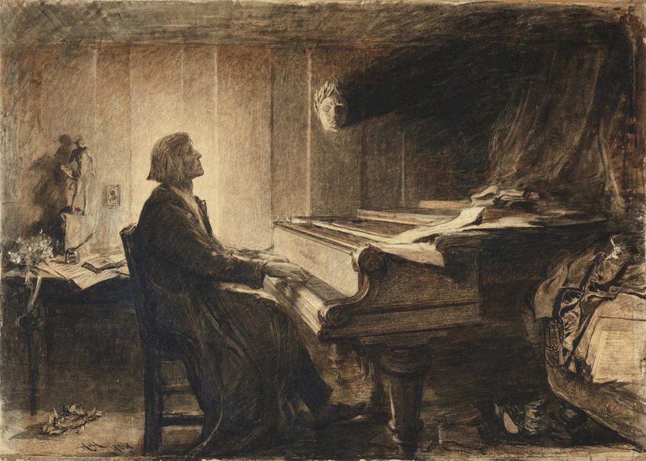 ピアノでのフランツ・リスト、1904年。 作： フーベルト・フォン・ヘルコマー卿