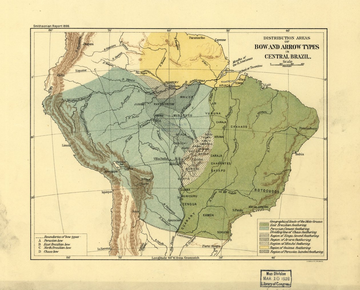 ブラジル中央部における弓矢の種類の分布地域。LOC 2003627075 作： スミソニアン協会