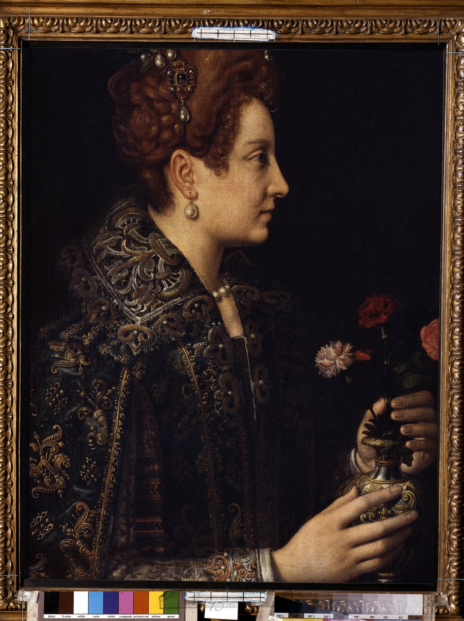 「横顔の女性の肖像」（女性の肖像画） ソフォニスバ・アンギッソラ作（1532～1625年頃） 幅 68.5x52.5 cm エルミタージュ美術館、サンクトペテルブルク 作： ソフォニスバアンギッソラ
