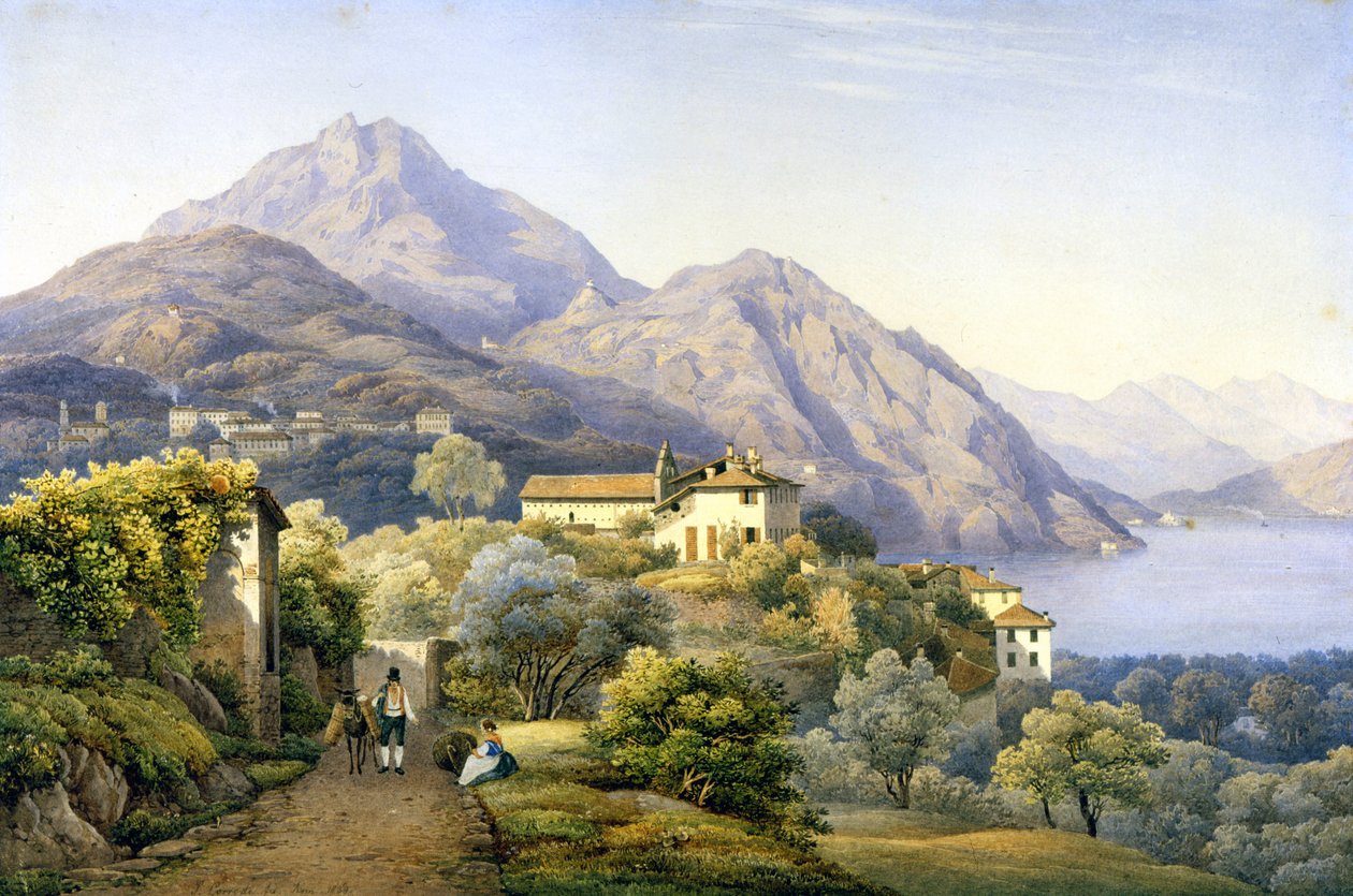 コモです。メナッジョ。LovenoとMount Groma。1840.Sによる絵画。Corrodi.メナッジョ、コモ. 作： ソロモン・コロディ