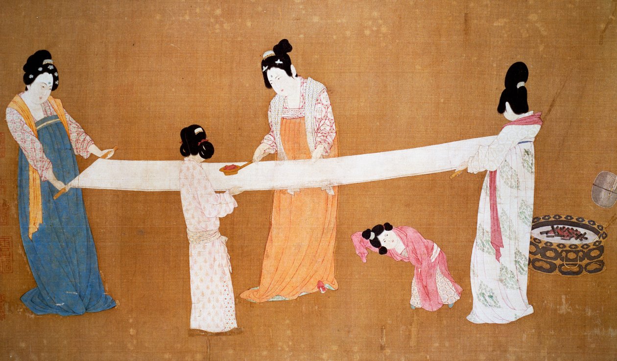 新調した絹を準備する女性たち（徽宗皇帝筆、中国・宋時代 作： 宋王朝中国学校