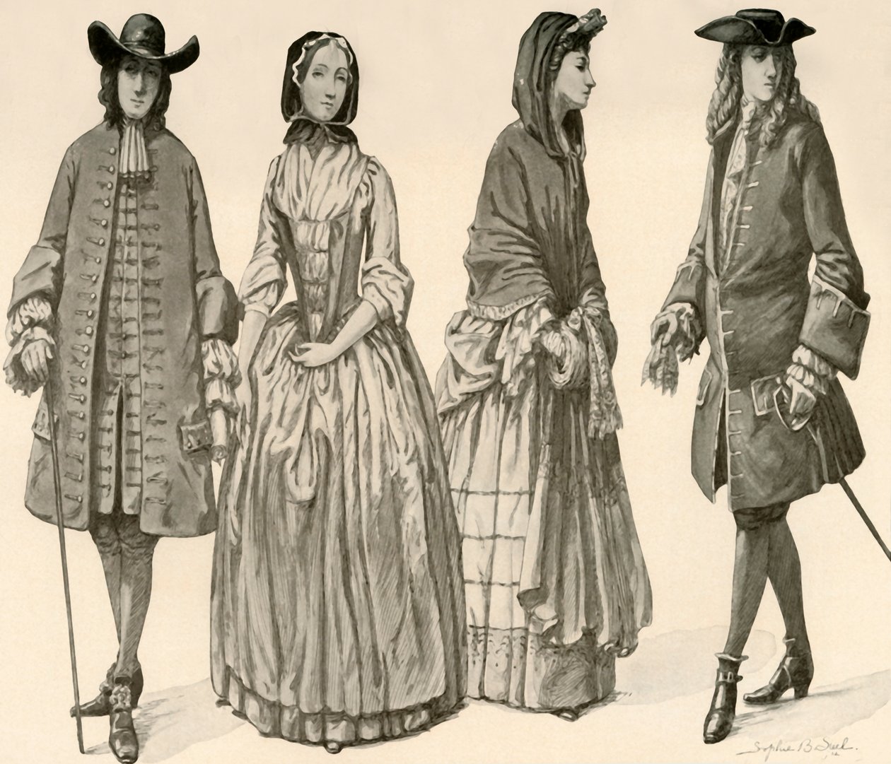 チャールズ2世、ジェームズ2世、ウィリアムとメアリーの統治時代の服1682-1700、1903、1937。 作： ソフィー・B・スティール
