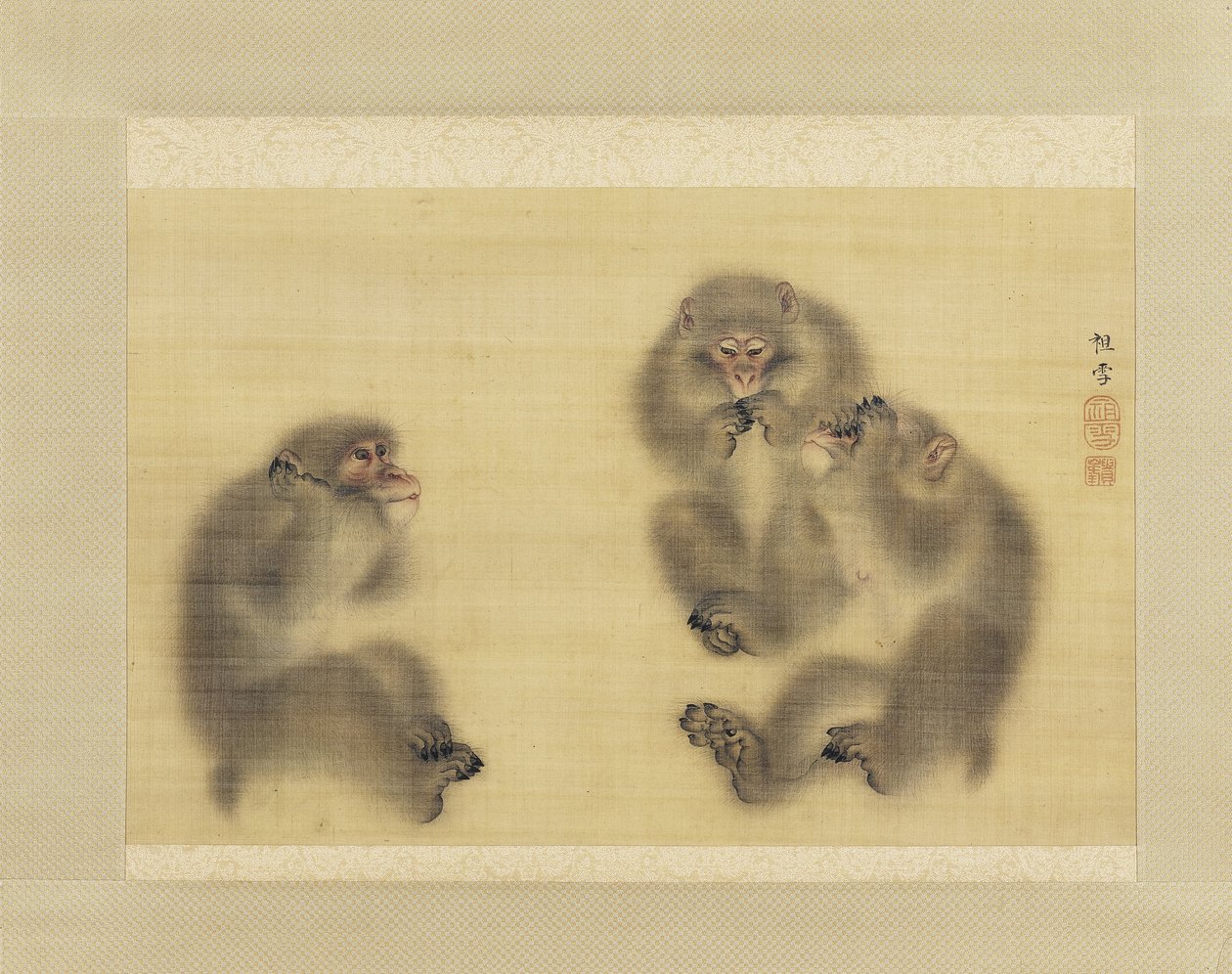 サル：悪を聞かない、悪を見ない、悪を話さない、1820年頃（シルクにインクと色） 作： 毛利宗雪